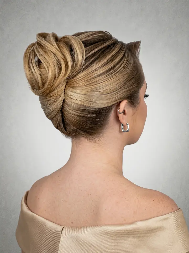 Coque banana, penteado do curso de penteados profissionais da Amanda Giaretton