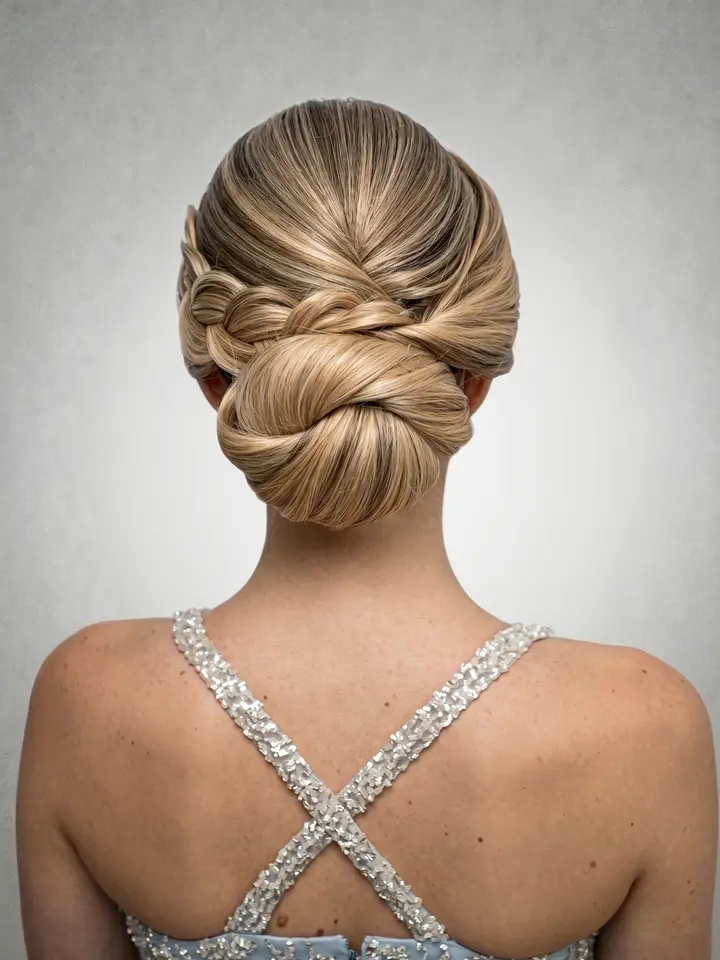 Coque com trança, penteado do curso de penteados profissionais da Amanda Giaretton