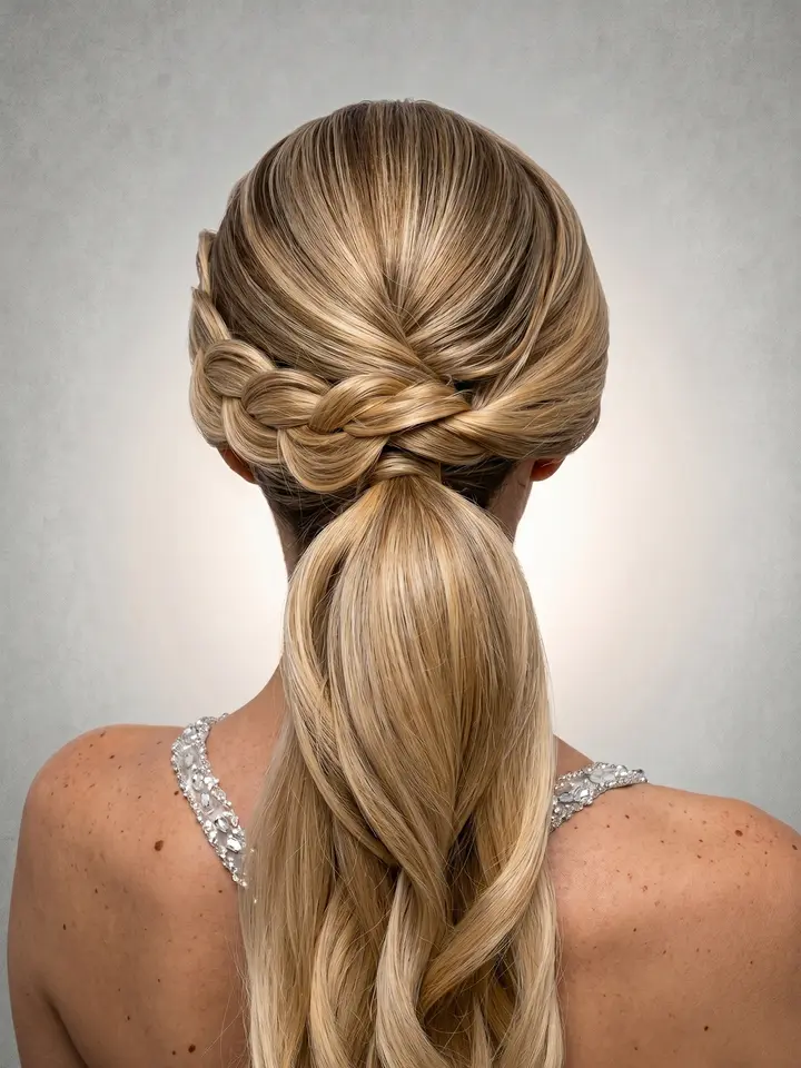 Rabo de cavalo com trança, penteado do curso de penteados profissionais da Amanda Giaretton