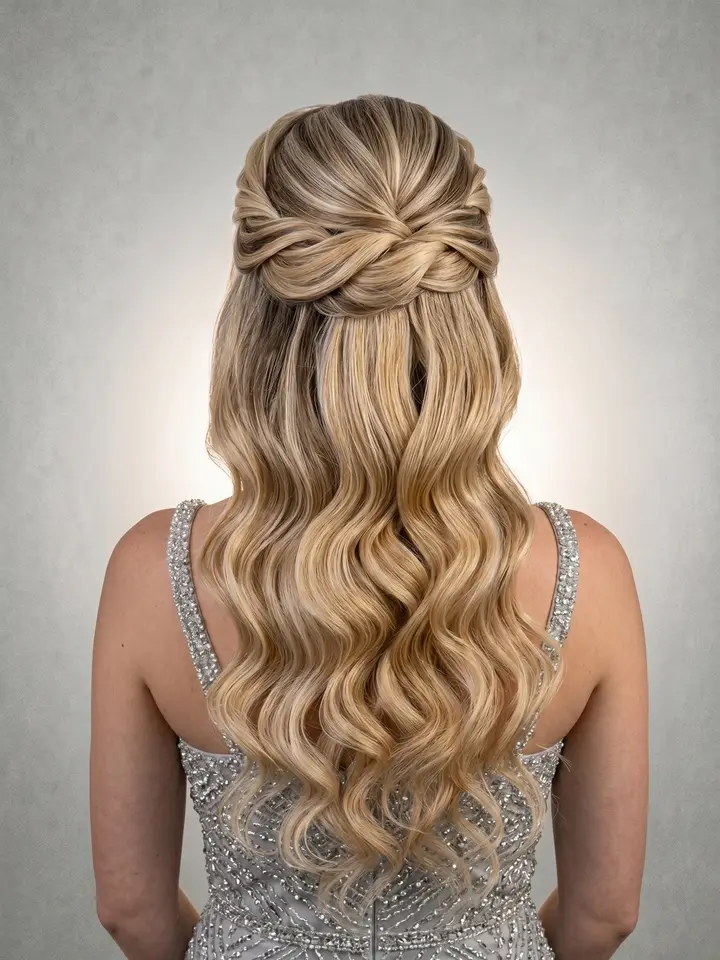 Semi preso com tranças entrelaçadas, penteado do curso de penteados profissionais da Amanda Giaretton